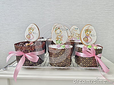 Fresh Easter cakes are displayed on the festive table Editorial Stock Photo