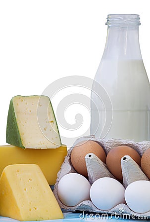 Fresh eggs, Cheese and Bottle Milk Stock Photo