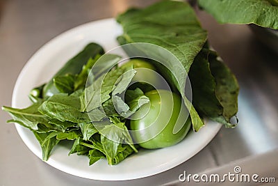Fresh epazote and green tomato, traditional ingredient in mexican cuisine Stock Photo