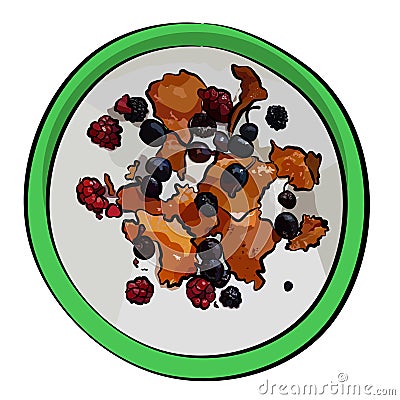 Fresh farmer`s cheese, curd cheese, tvorog, quark or ricotta with fresh berries in green bowl. Vector Illustration