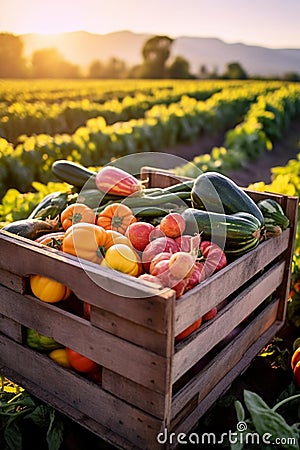 Fresh Farmers Market Produce in Wooden Crates Stock Photo