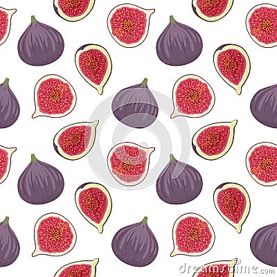 Fresh figs whole and cut in quarter and half on white background. Vector seamless pattern. Vector Illustration