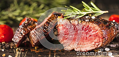 Fresh fillet steak on wooden board closeup Stock Photo