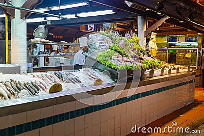 Fresh fish in a cafe on Phuket street. Variety of raw seafood for lunch. Thailand Phuket, 13 September 2018 Editorial Stock Photo