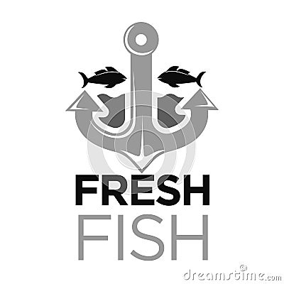 Fresh fish colorless logo with anchor and sea animals Vector Illustration