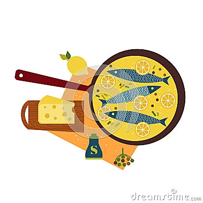 Fresh fish cooked with cheese in pan flat hand drawn vector icon Vector Illustration