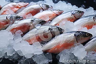 Fresh fish market scene Sweet water salmon covered with ice Stock Photo