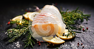 Fresh fish, raw cod fillet with addition of herbs and lemon slices on black stone background Stock Photo