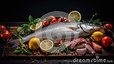 Fresh fish and seafood On black rustic background. Generative AI Stock Photo