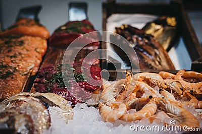 Fresh fish and shellfish at Borough Market, London, UK. Stock Photo
