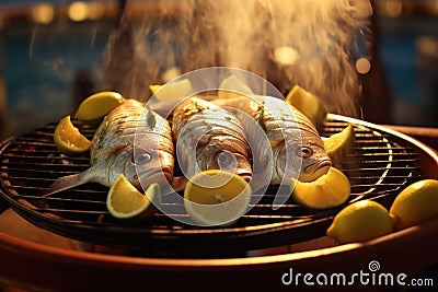 fresh fish sizzling on a boat grill with lemon slices Stock Photo