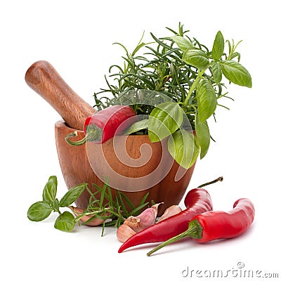 Fresh flavoring herbs and spices in wooden mortar Stock Photo