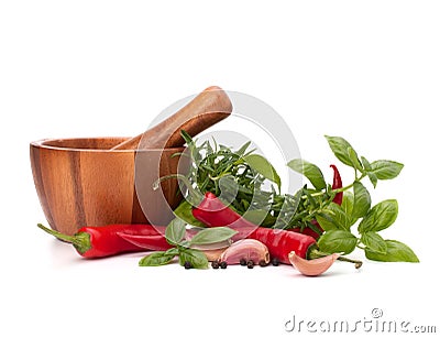 Fresh flavoring herbs and spices in wooden mortar Stock Photo