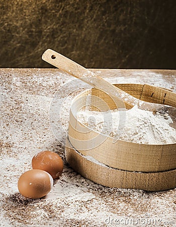 Fresh flour with eggs Stock Photo