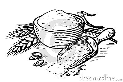 Fresh flour wooden dish scoop on white background vector Vector Illustration