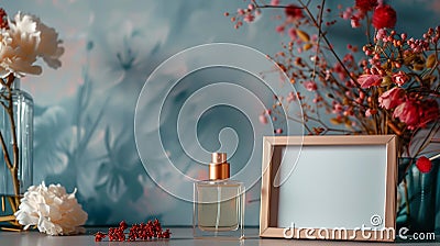 Fresh flowers, perfume bottle and photography mockup, ai generated Stock Photo