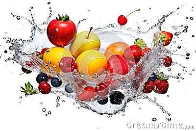 Fresh flying juicy berries and citrus fruits in drops and falling splashes Stock Photo