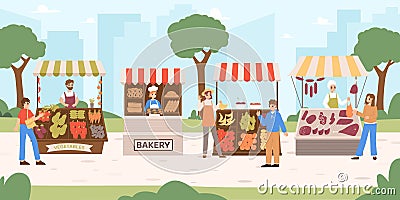 Fresh food city market. Local farm products on stall, sellers and byers. Farmers sell vegetables, fruits and meat Vector Illustration