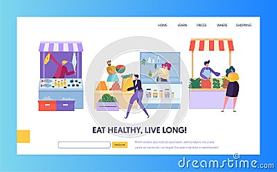 Fresh Food Farmer Organic Market Concept Landing Page. Man Customer Character Choose Vegetable Fruit Fish Seafood Website Vector Illustration