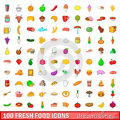 100 fresh food icons set, cartoon style Vector Illustration