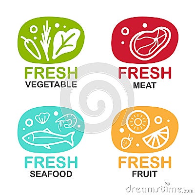 Fresh food logo sign with vegetable meat seafood and fruit vector design Vector Illustration