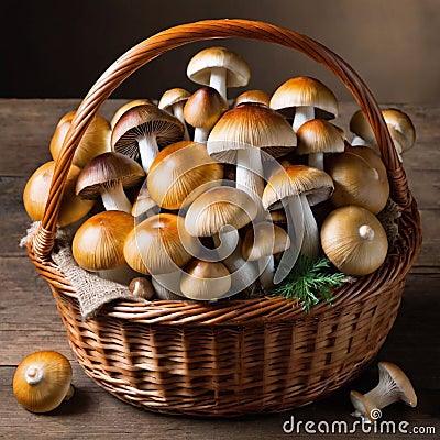 Fresh forest mushrooms in a wicker basket on a wooden background. Stock Photo