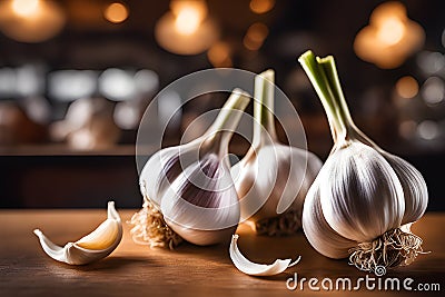 Fresh fragrant garlic on a dark wooden background. Garlic cloves on wooden table. Fresh peeled garlics Stock Photo