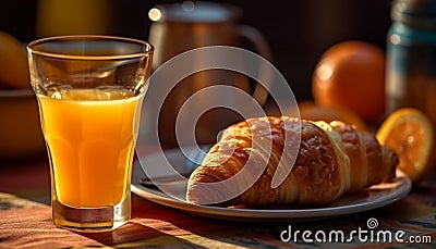 Fresh French breakfast: croissant, coffee, orange juice generative AI Stock Photo