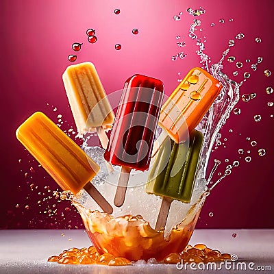 Fresh frozen popsicle ice lollies, frozen cold sweet treats on stick Stock Photo