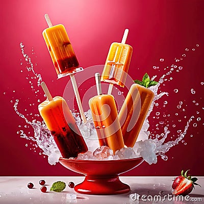 Fresh frozen popsicle ice lollies, frozen cold sweet treats on stick Stock Photo