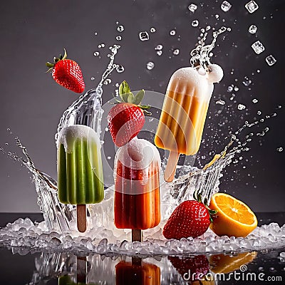 Fresh frozen popsicle ice lollies, frozen cold sweet treats on stick Stock Photo