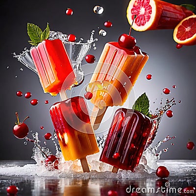 Fresh frozen popsicle ice lollies, frozen cold sweet treats on stick Stock Photo