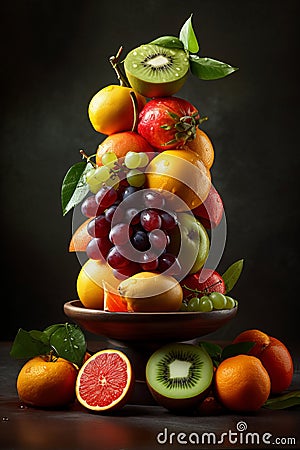 Fresh fruit balancing on top of each other, pile of fruits, generative AI Stock Photo