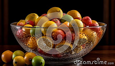 Fresh fruit bowl: orange, lemon, lime, grape generated by AI Stock Photo