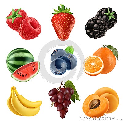 Fresh fruit. 3d vector icons set. Realistic illustration Vector Illustration