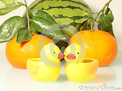 Fresh fruit and funny duck Stock Photo