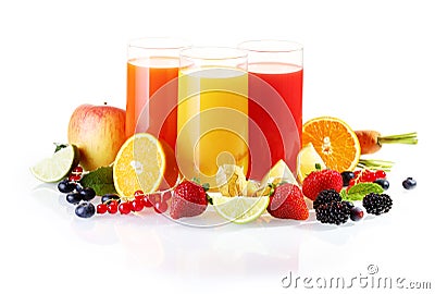 Fresh fruit with glasses of juice Stock Photo