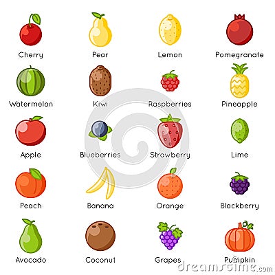 Fresh fruit healthy food natural vitamins cartoon lineart flat design icons set vector illustration Vector Illustration