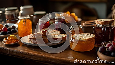 Fresh fruit and homemade preserves on rustic table generated by AI Stock Photo