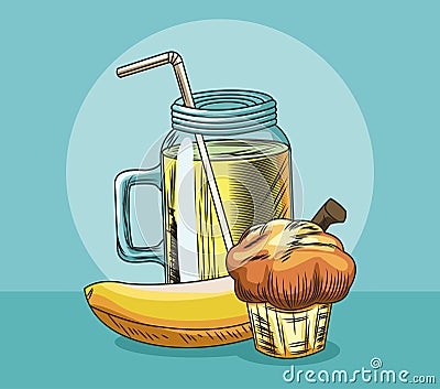 Fresh fruit muffin banana and juice food healthy Vector Illustration