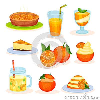 Fresh fruit orange desserts, freshly baked pie, juice, mousse, cake, pudding vector Illustrations on a white background Vector Illustration