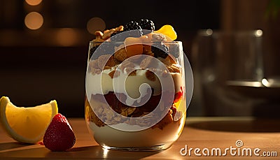 Fresh fruit parfait on wooden table with yogurt and granola generated by AI Stock Photo