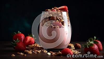 Fresh fruit parfait with yogurt, granola, almond, and berry seed generated by AI Stock Photo