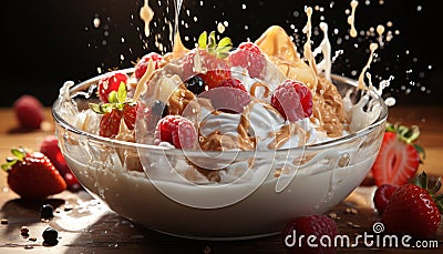 Fresh fruit parfait with yogurt, granola, and berries on wood generated by AI Stock Photo