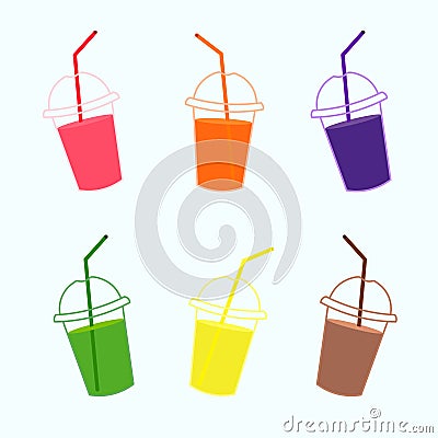 Fresh fruit smoothie cocktails illustration. Bundle of different juice take away glasses. Vector Illustration