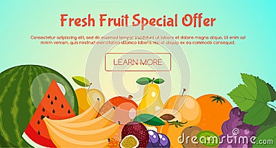 Fresh fruit special offer banner with fruits such as orange, watermelon, banana, kiwi, grapes, plum, pear, peach, mango Vector Illustration