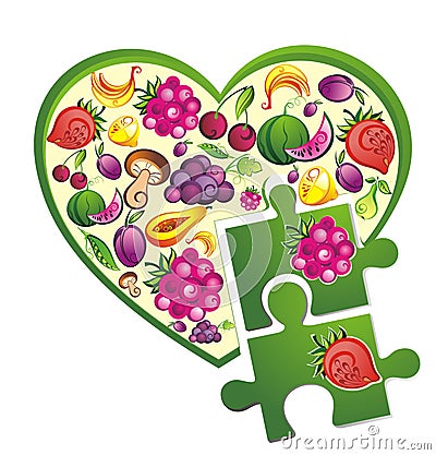 Fresh fruit and vegetables heart with puzzles Vector Illustration