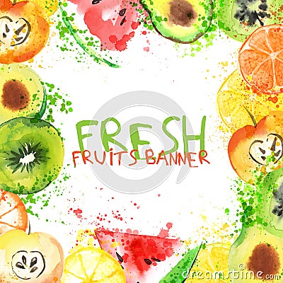 Fresh fruit watercolor banner. Watercolored apple, citruses, avocado and qiwi in one banner Vector Illustration