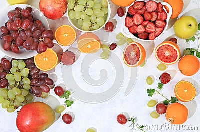 Fresh fruits and berries on a bright sunny table, the concept of natural and healthy food, a source of vitamins and antioxidants, Stock Photo