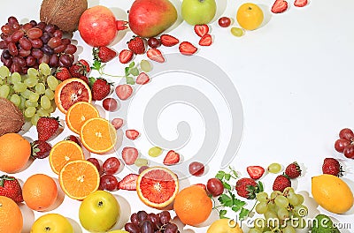 Fresh fruits and berries on a bright sunny table, the concept of natural and healthy food, a source of vitamins and antioxidants, Stock Photo